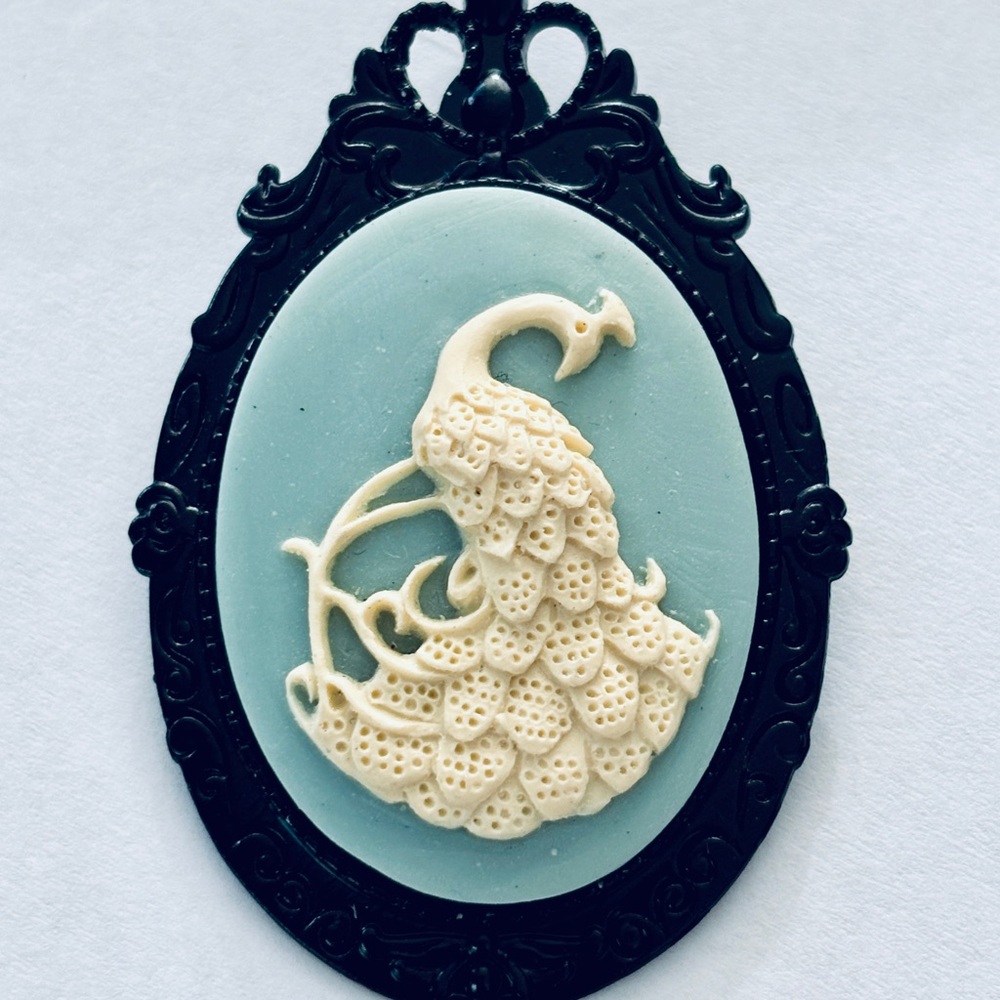 Light Blue and White Peacock Cameo Pendant Brooch, NWT, Unworn, Handmade